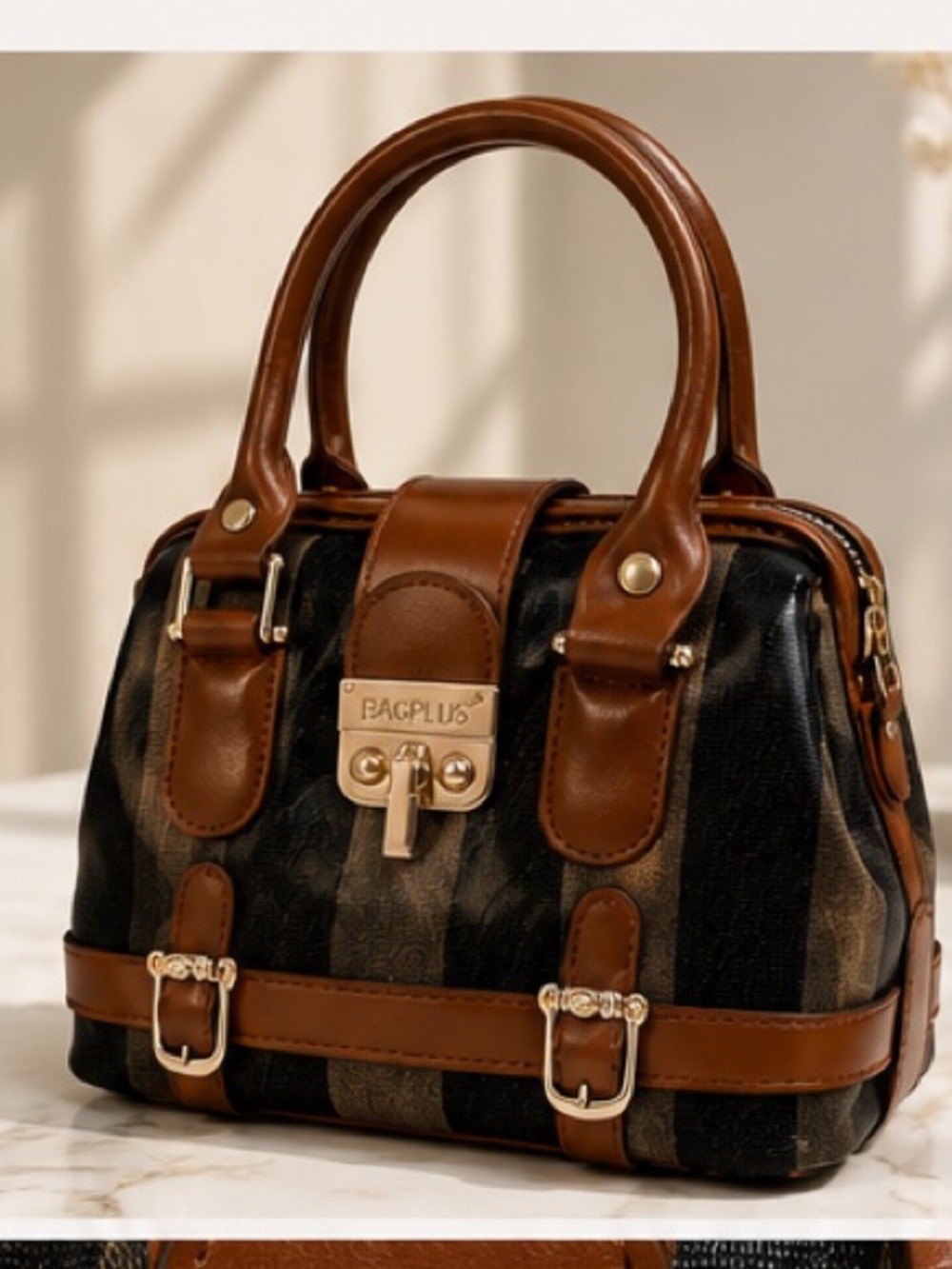 Cute top handle bag with brown stripes